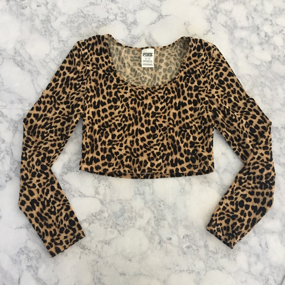 Pink Leopard printed long sleeve crop top